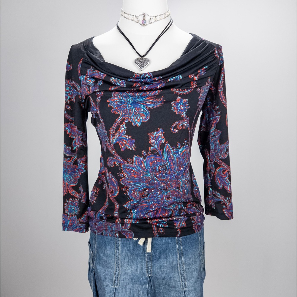 Vintage 2000s Slinky Paisley‎ Cowl Neck Long Sleeve Top